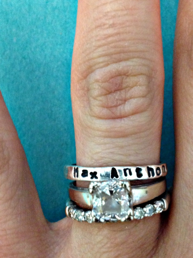 Stackable rings with kid's names on them. Perfect mother's day gift. 18 bucks each.